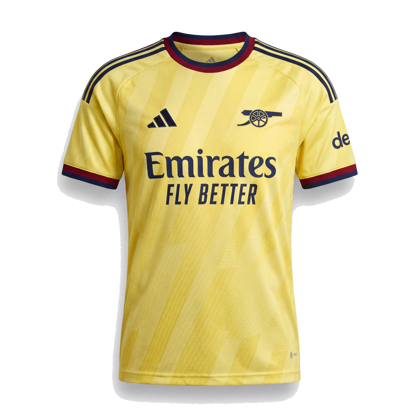 Arsenal 2026/27 away jersey in navy with yellow trim, on a hanger in the shop.