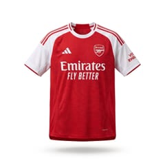 Arsenal 2025/26 home jerseys hanging in a dressing room.