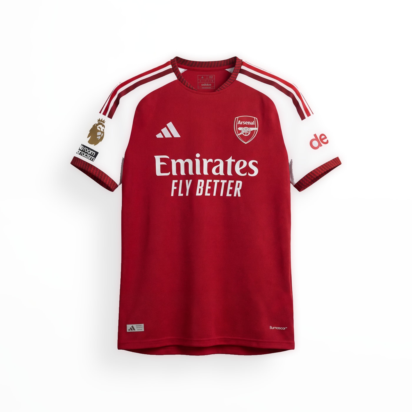 Arsenal 2026/27 home jersey in red with white sleeves, hanging on a dark wall.