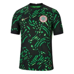 Nigeria 2025 home jersey in black with a scattered green leaf print and the Nigeria Football Federation crest.