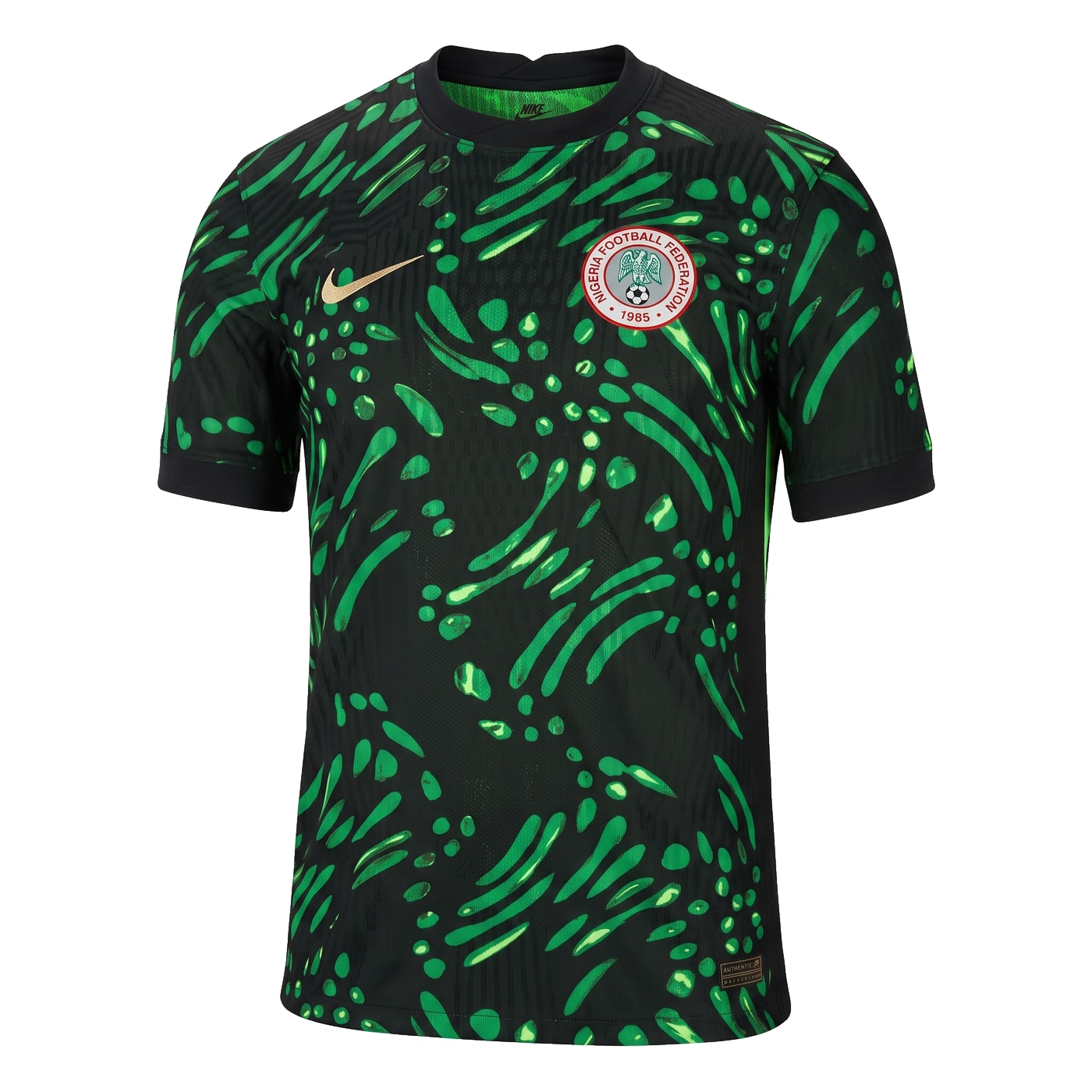 Nigeria 2025 home jersey in black with a scattered green leaf print and the Nigeria Football Federation crest.