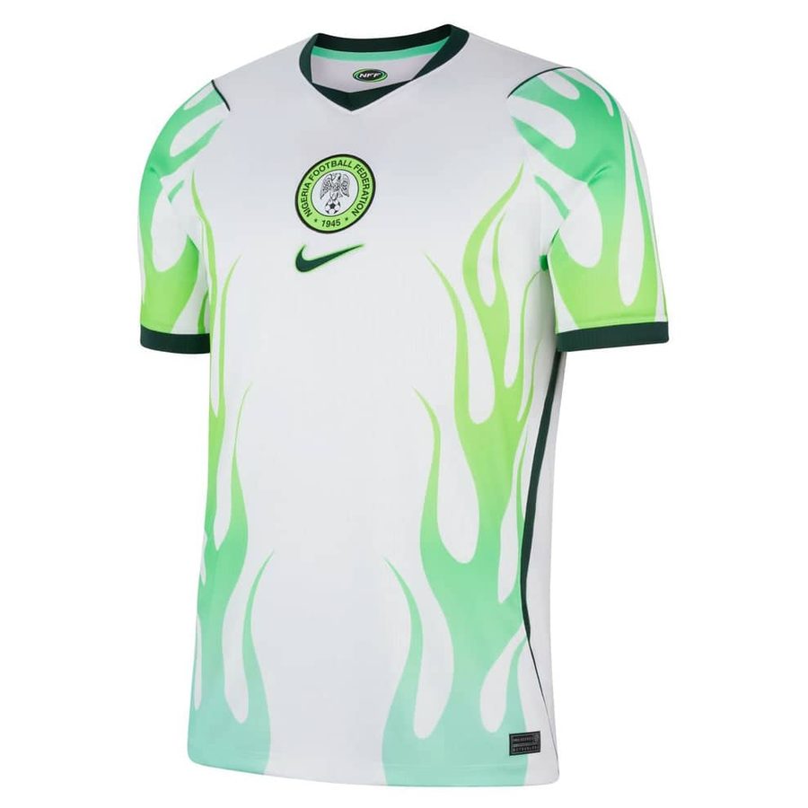 Nigeria Super Eagles 2026 away jersey in white with green flame graphics up the body and sleeves.
