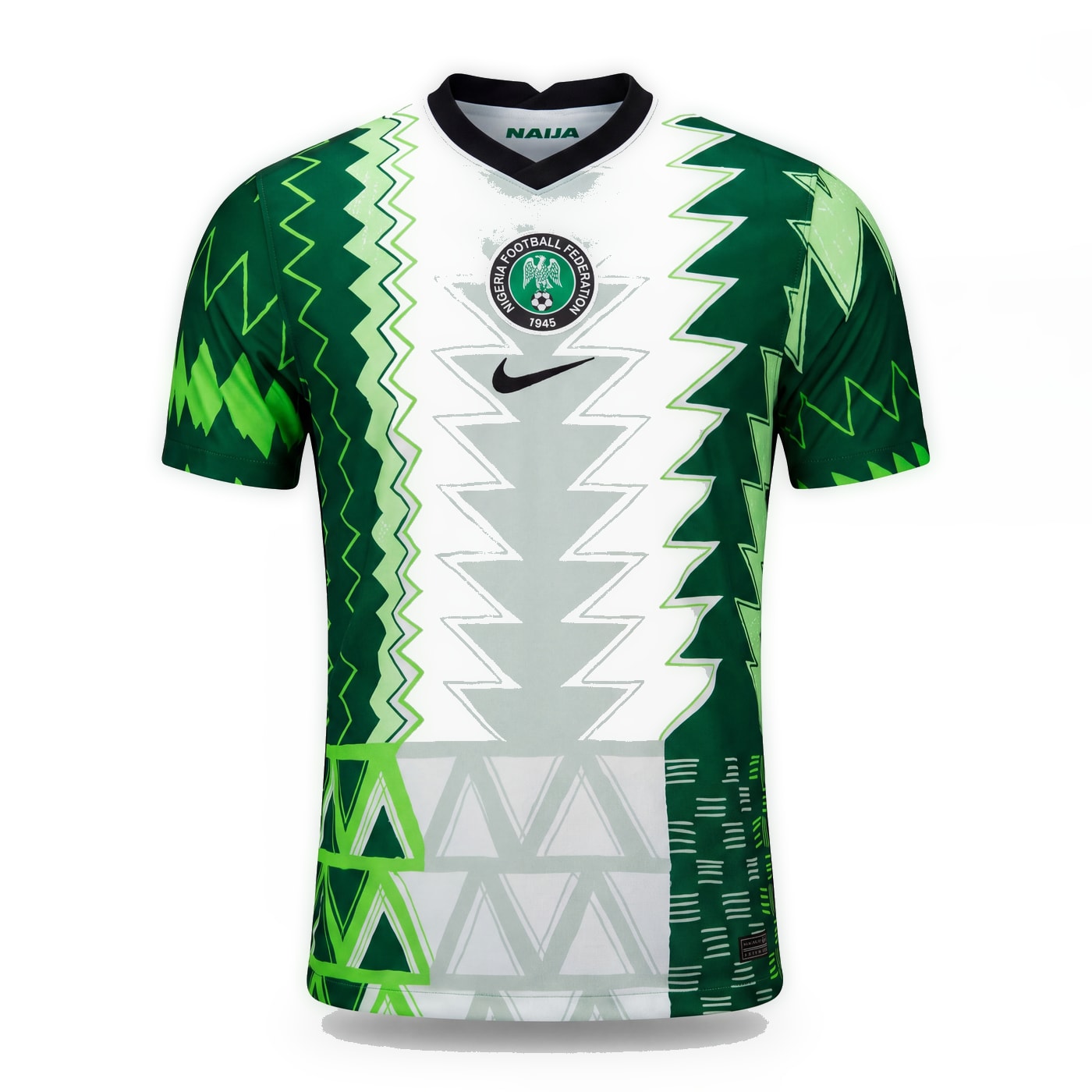 Nigeria Super Eagles retro jersey in white and green with a zigzag pattern across the body.